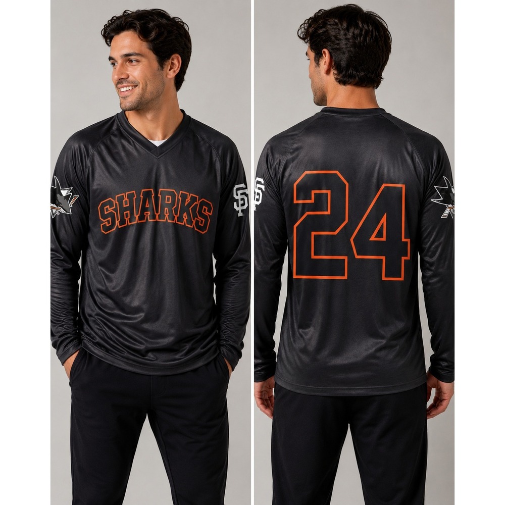 Idegy San Jose Sharks SF Giants Crossover Jersey Shirt Black Mens XL #24 NHL MLB